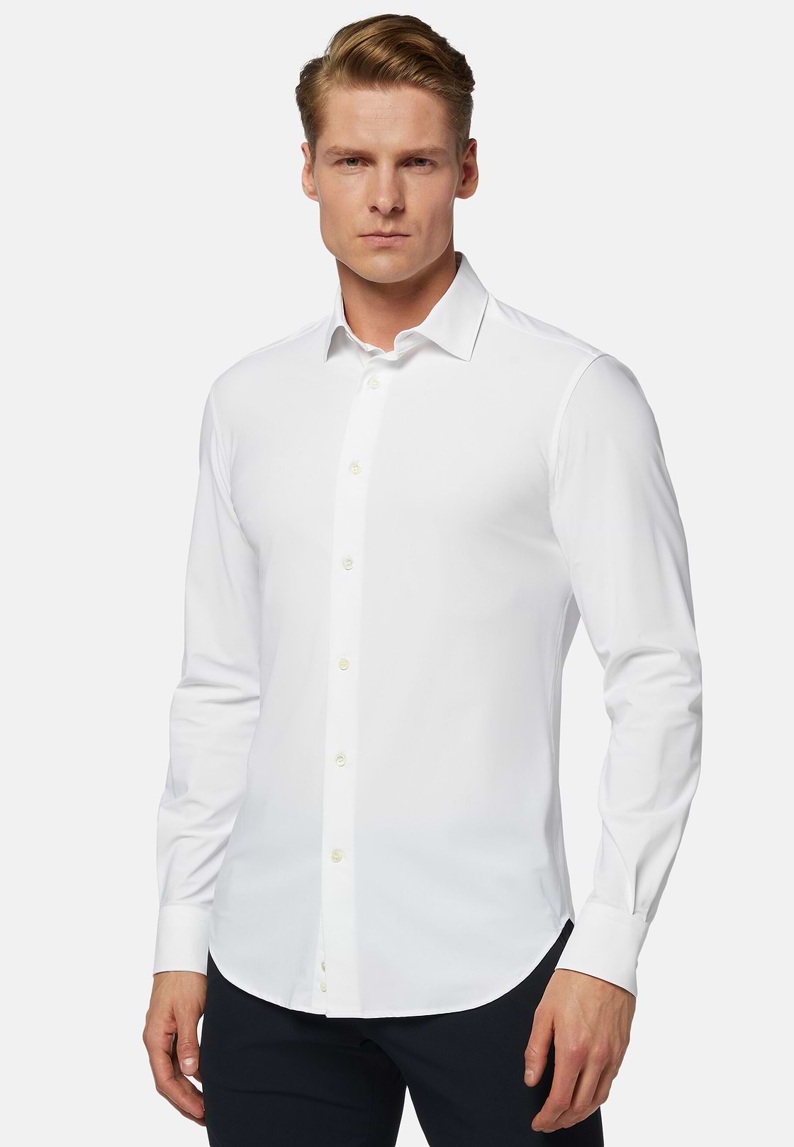 White Stretch Nylon Slim Fit Shirt, White, hi-res