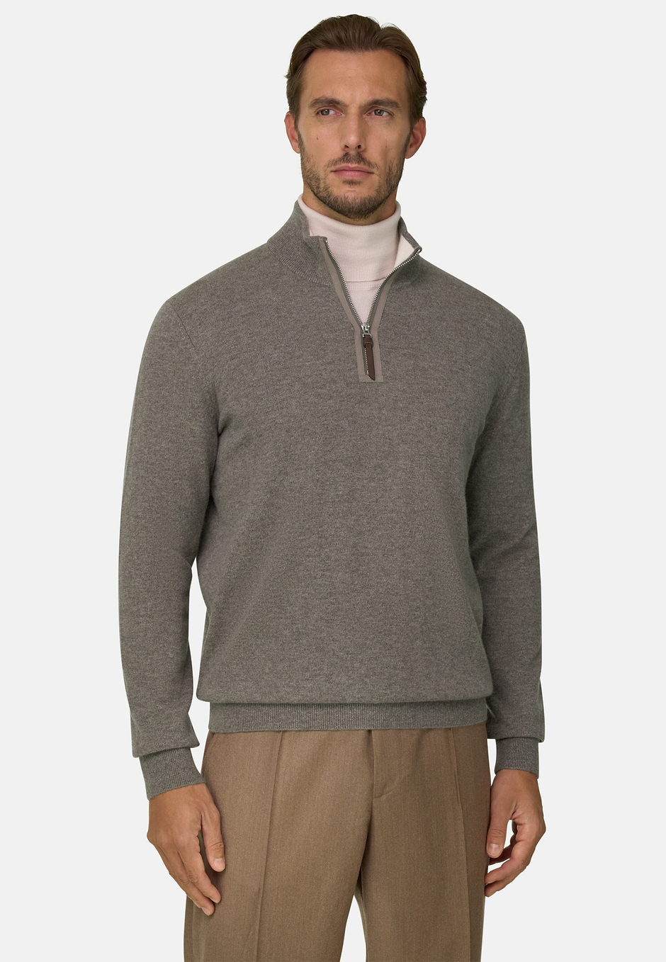 Pull Demi-Zip en Cachemire, Taupe, hi-res