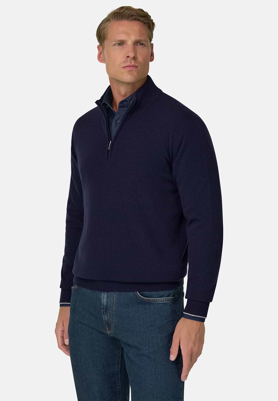 Quarter-Zip Jumper in Cashmere Blend, Navy blue, hi-res