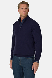 Quarter-Zip Jumper in Cashmere Blend, Navy blue, thumb, 1