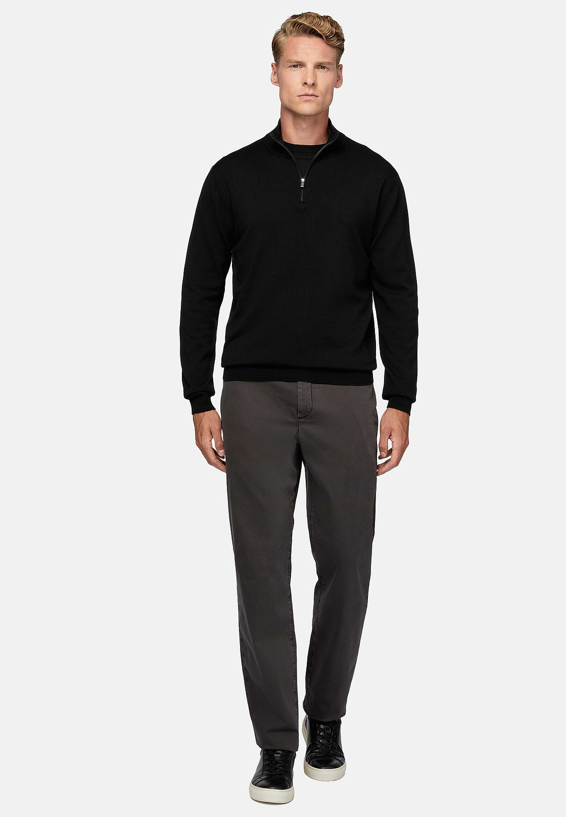 Black Merino Wool Half-Zip Jumper, Black, hi-res