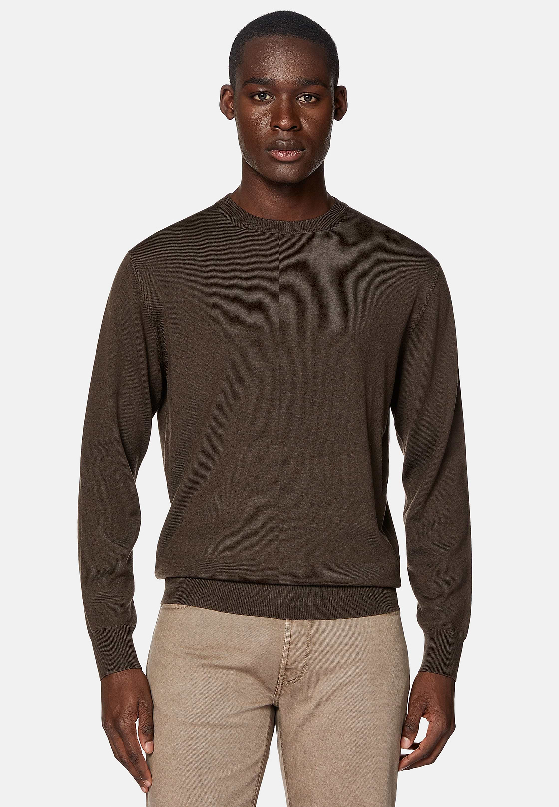 Brown Merino Wool Crew Neck Jumper, Brown, hi-res