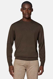 Brown Merino Wool Crew Neck Jumper, Brown, hi-res