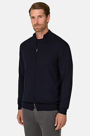 Full-Zip Jumper in Merino Wool, Navy blue, thumb, 1