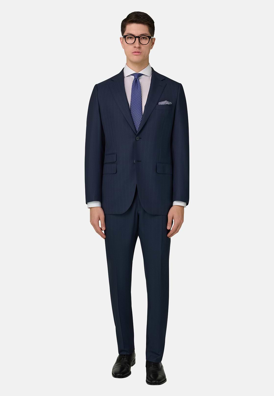 Abito Gessato In Lana E Seta, Navy, hi-res, 2