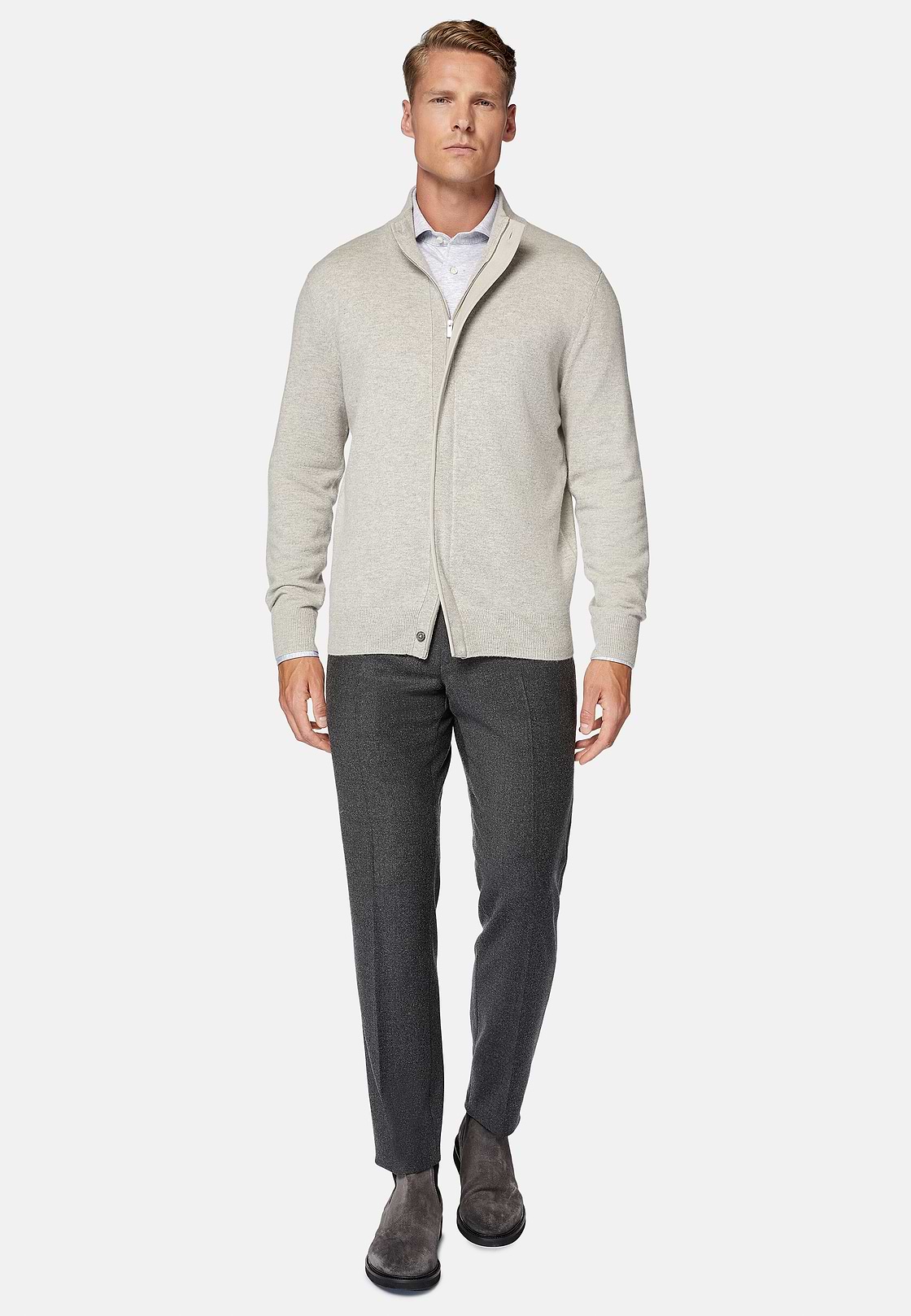 Pull Full Zip Sable En Laine Cachemire, Sable, hi-res