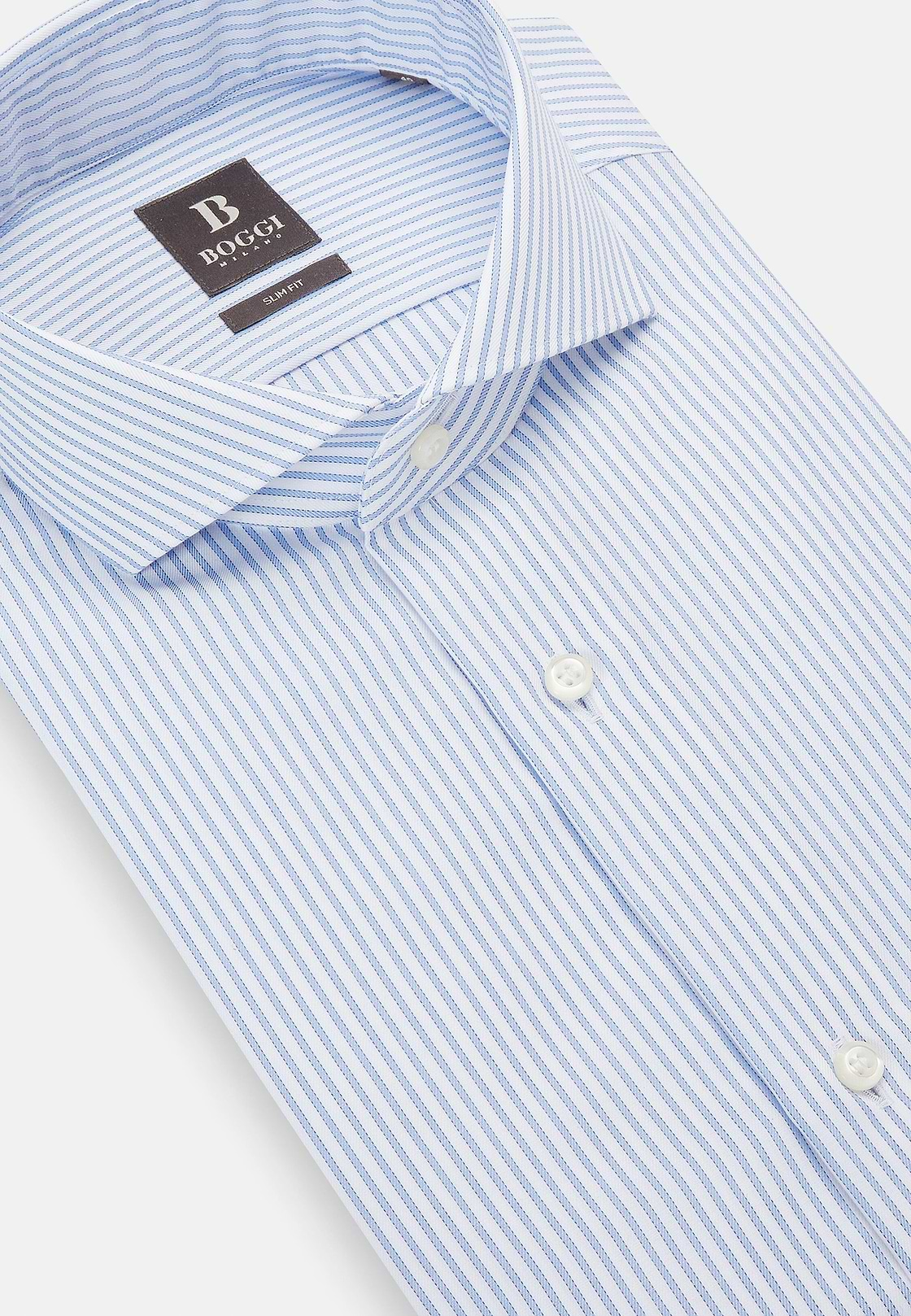 Camisa De Rayas De Sarga De Algodón Corte Slim, Azul claro, hi-res