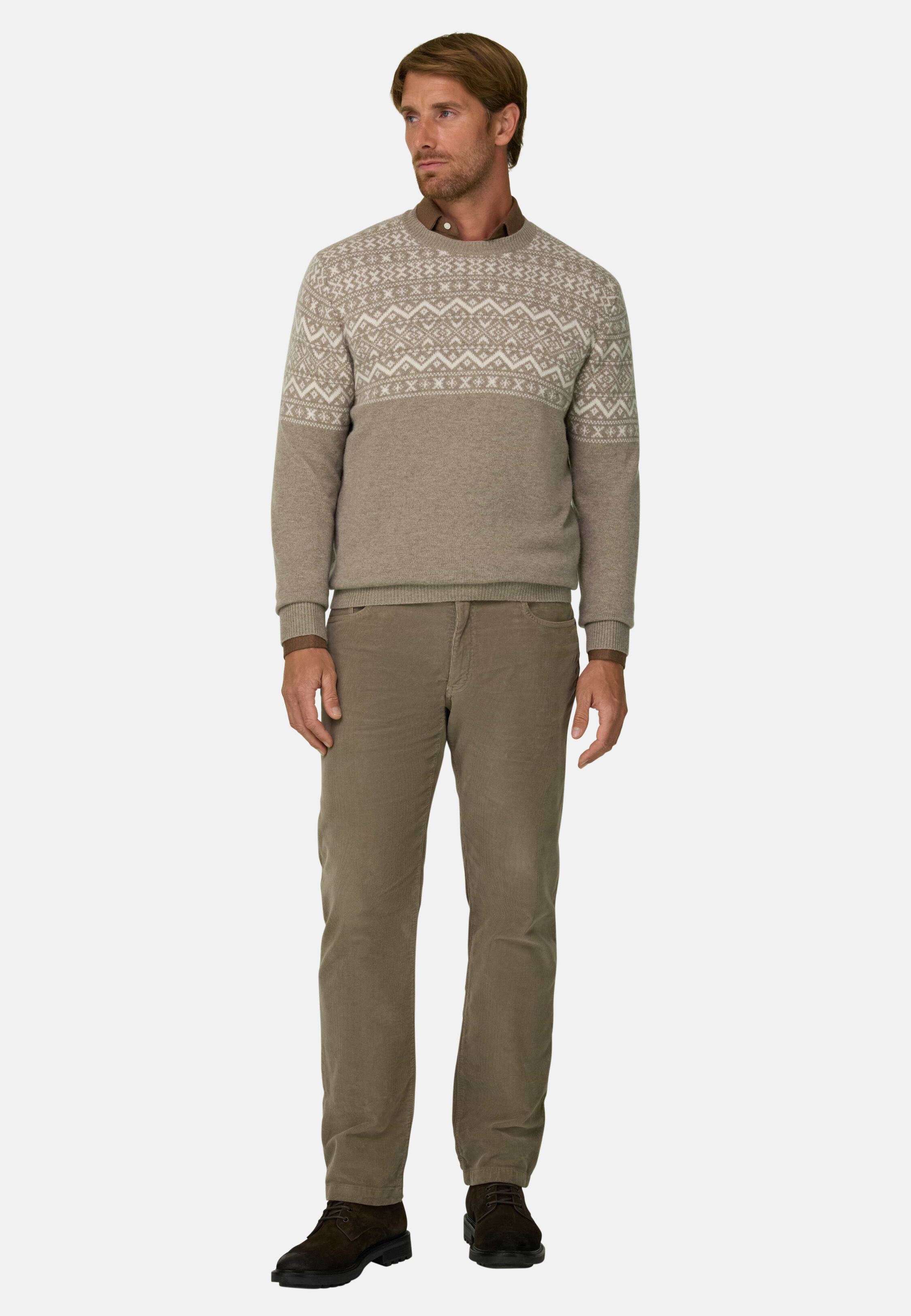 Crew Neck Jumper in Cashmere Wool Fair Isle Pattern, Beige | Boggi