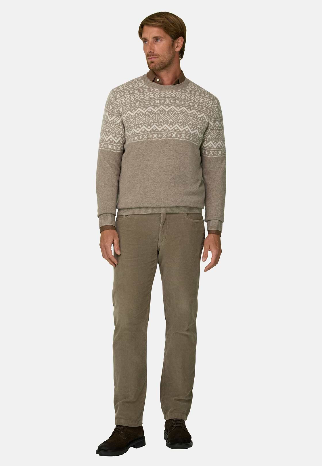 Crew Neck Jumper in Cashmere Wool Fair Isle Pattern, Beige, hi-res, 2
