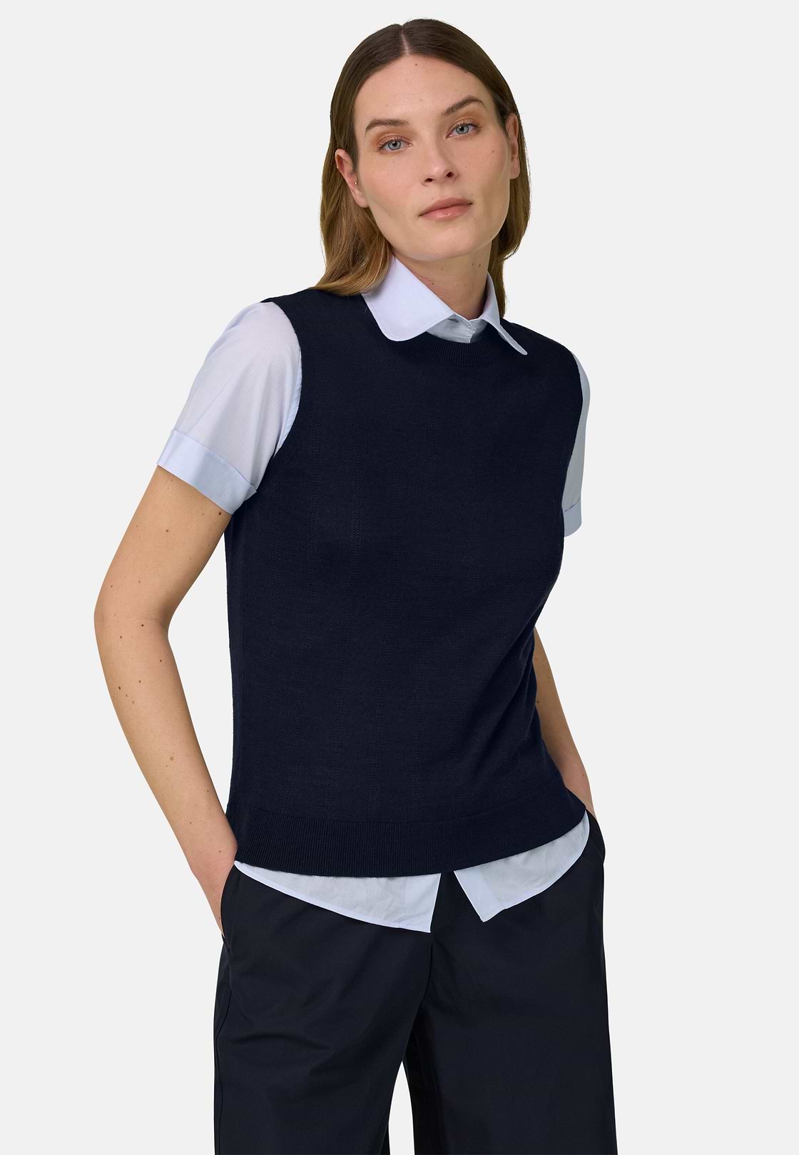 Rundhalspullover Aus Superfeiner Merinowolle Und Seide, Navy blau, hi-res, 1