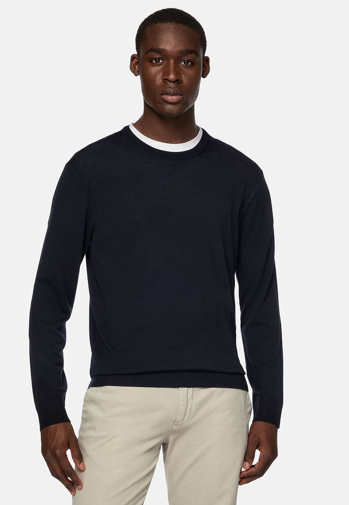 Crew Neck Jumper in Superfine Merino Wool, Navy blue, hi-res