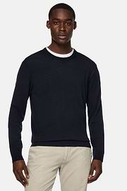 Crew Neck Jumper in Superfine Merino Wool, Navy blue, hi-res