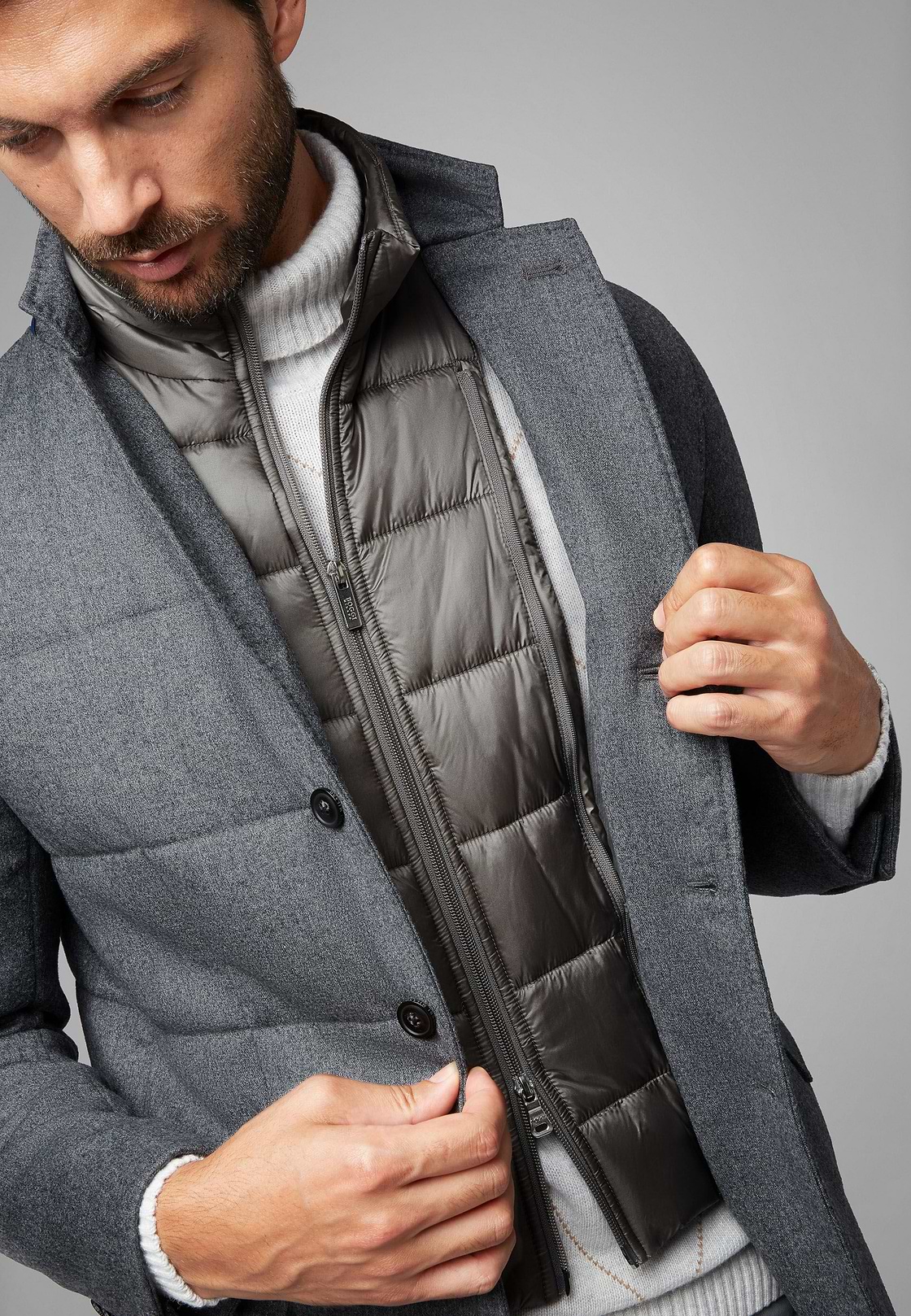 Flannel Quilted Jacket With Bib, Grey, hi-res, 2