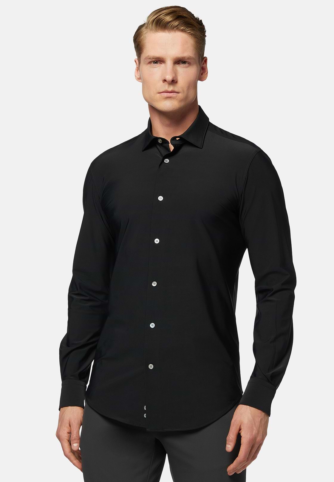 Black Stretch Nylon Slim Fit Shirt, Black, hi-res