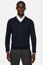 Merino Wool V-Neck Jumper, Navy blue, hi-res