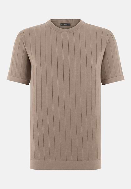 Knitted T-Shirt in Cotton and Silk, Taupe, hi-res