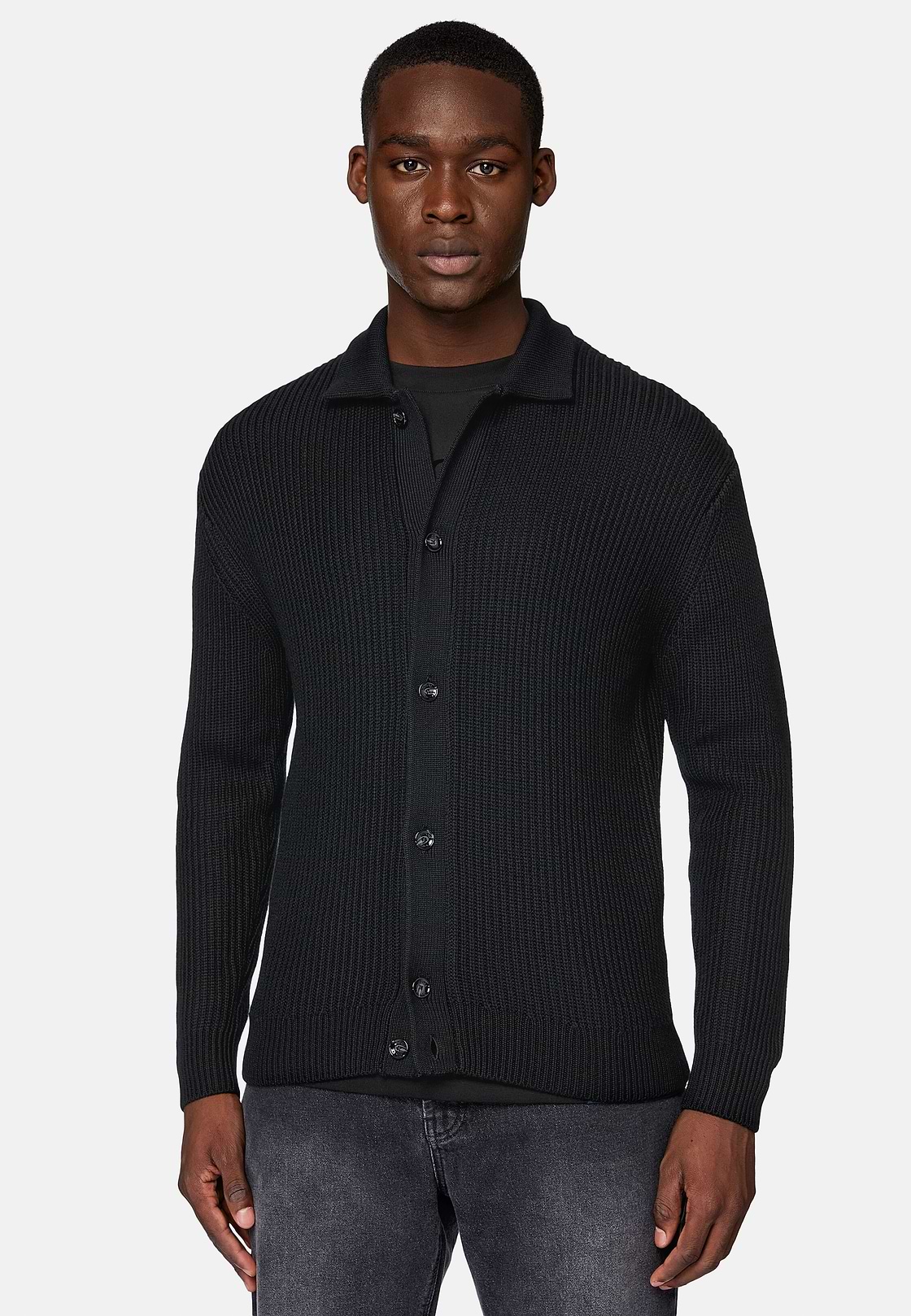 Cárdigan Negro Cuello Camisero De Lana Merina, Negro, hi-res