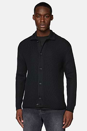 Cárdigan Negro Cuello Camisero De Lana Merina, Negro, hi-res