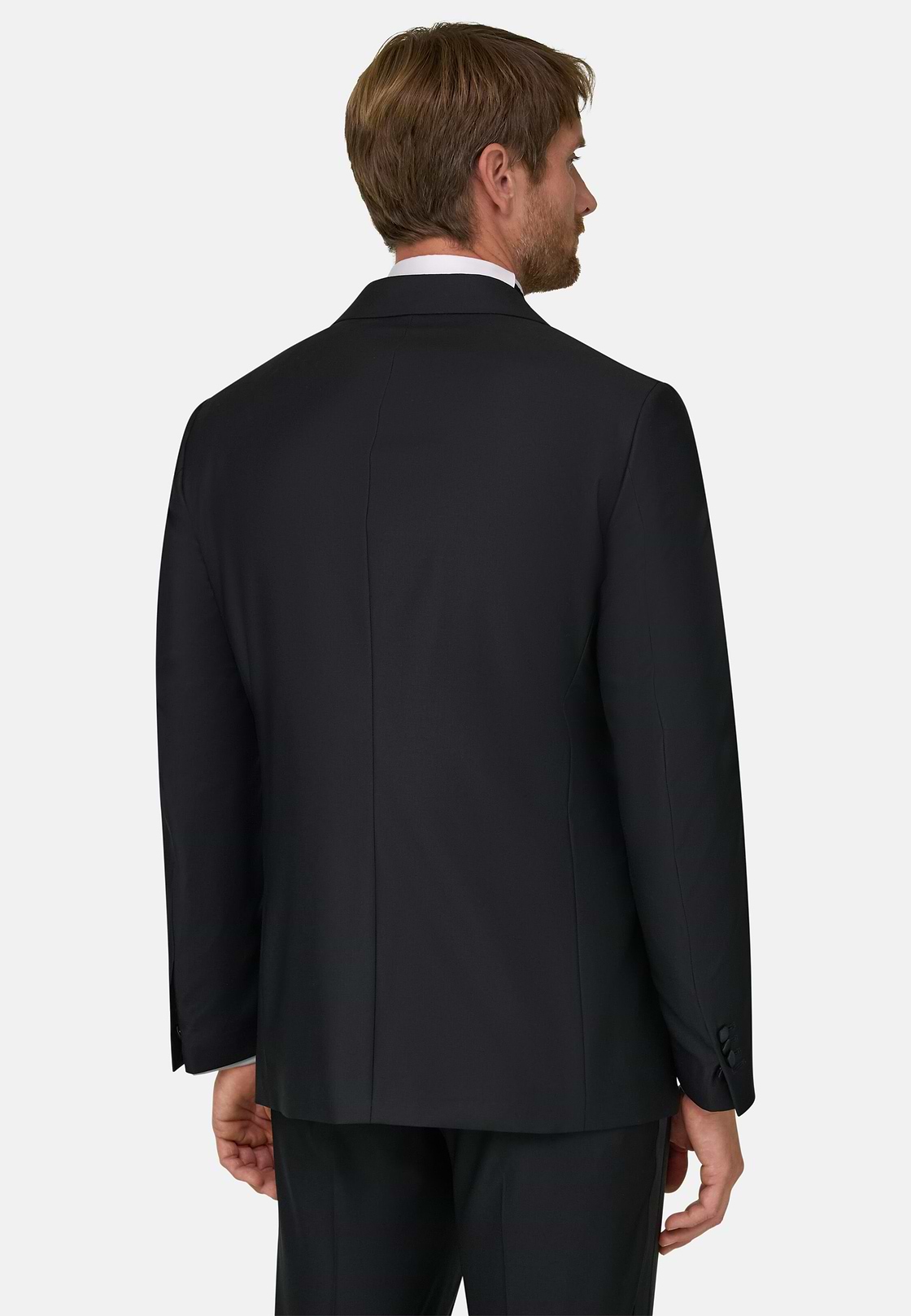 Stretch Wool Double-Breasted Dinner Jacket With Peak Lapels, Black, hi-res, 4