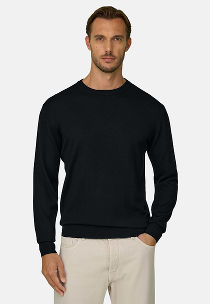 Crew Neck in Extrafine Merino Wool, Black, hi-res