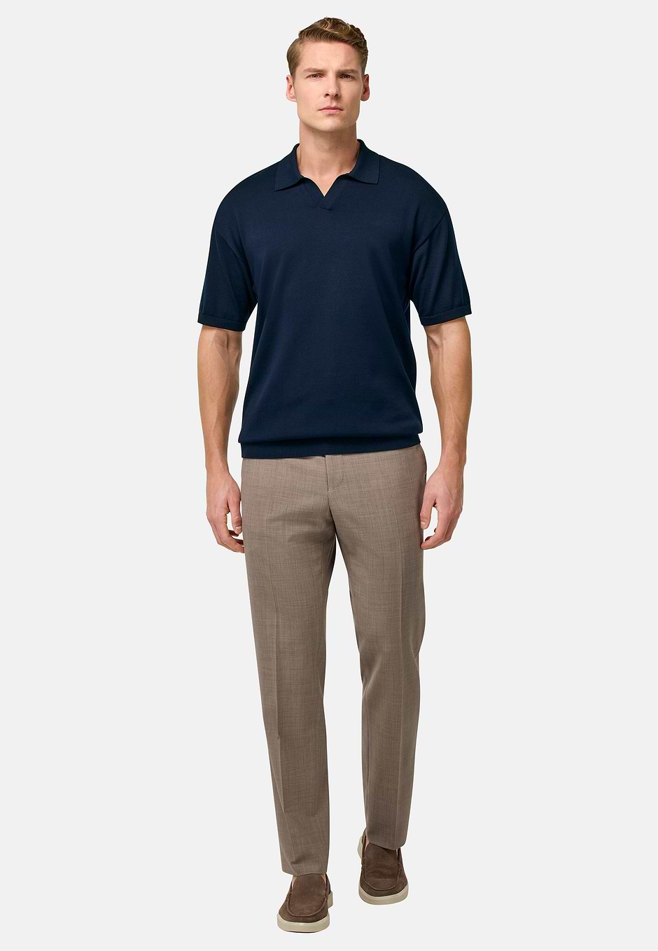 Cotton and Silk Knitted Polo Shirt, Navy blue, hi-res