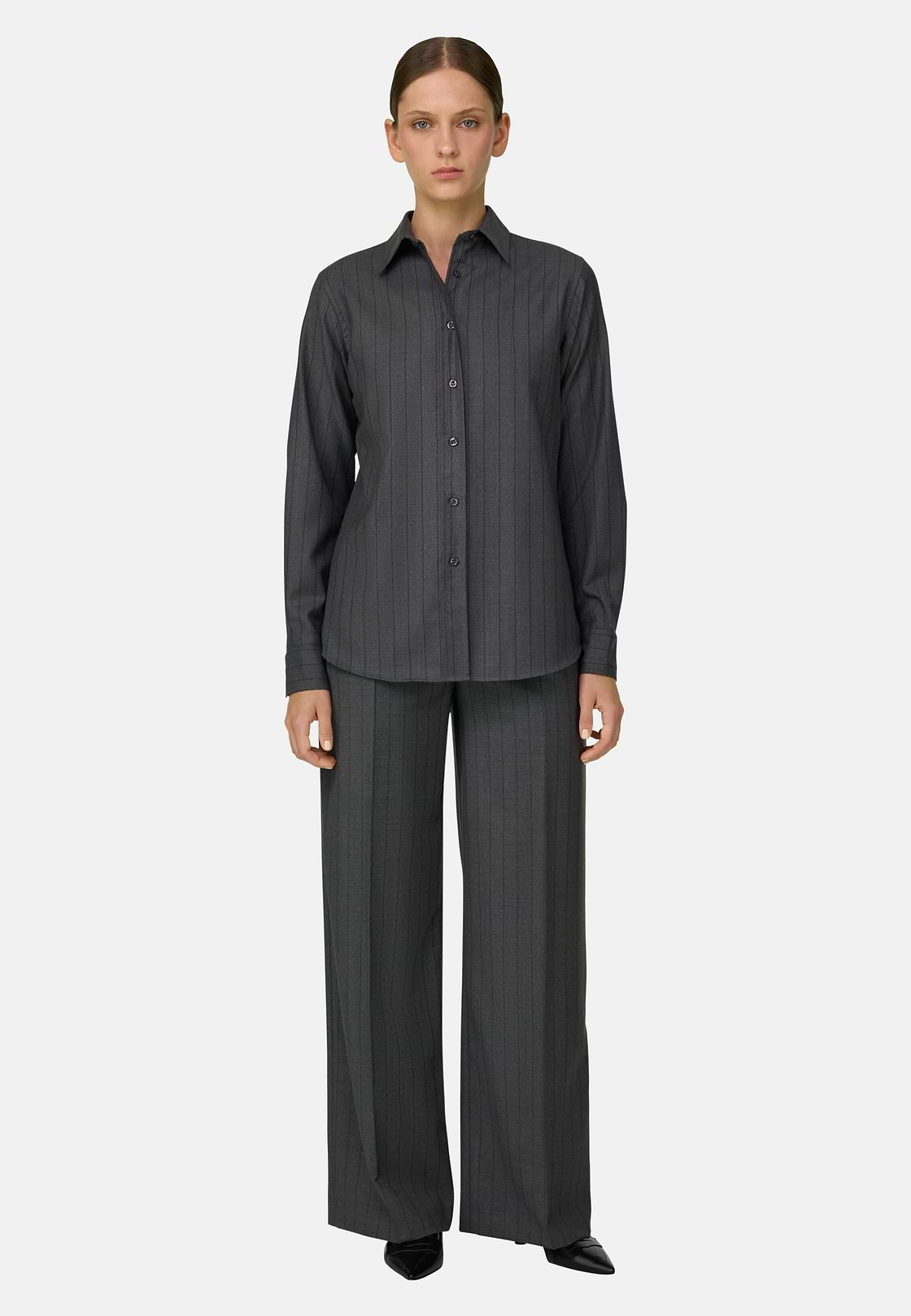 Pinstripe Wool Shirt with Open Collar, Grey, hi-res, 2