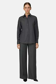 Pinstripe Wool Shirt with Open Collar, Grey, thumb, 2