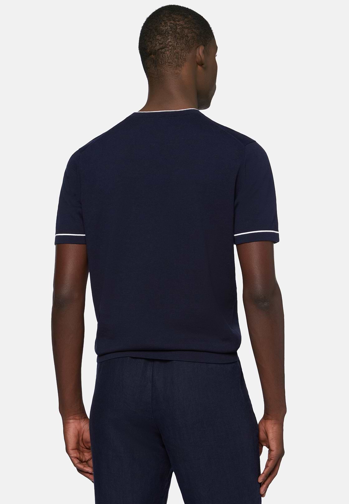 Navy Cotton Crepe Knit T-shirt, Navy blue, hi-res