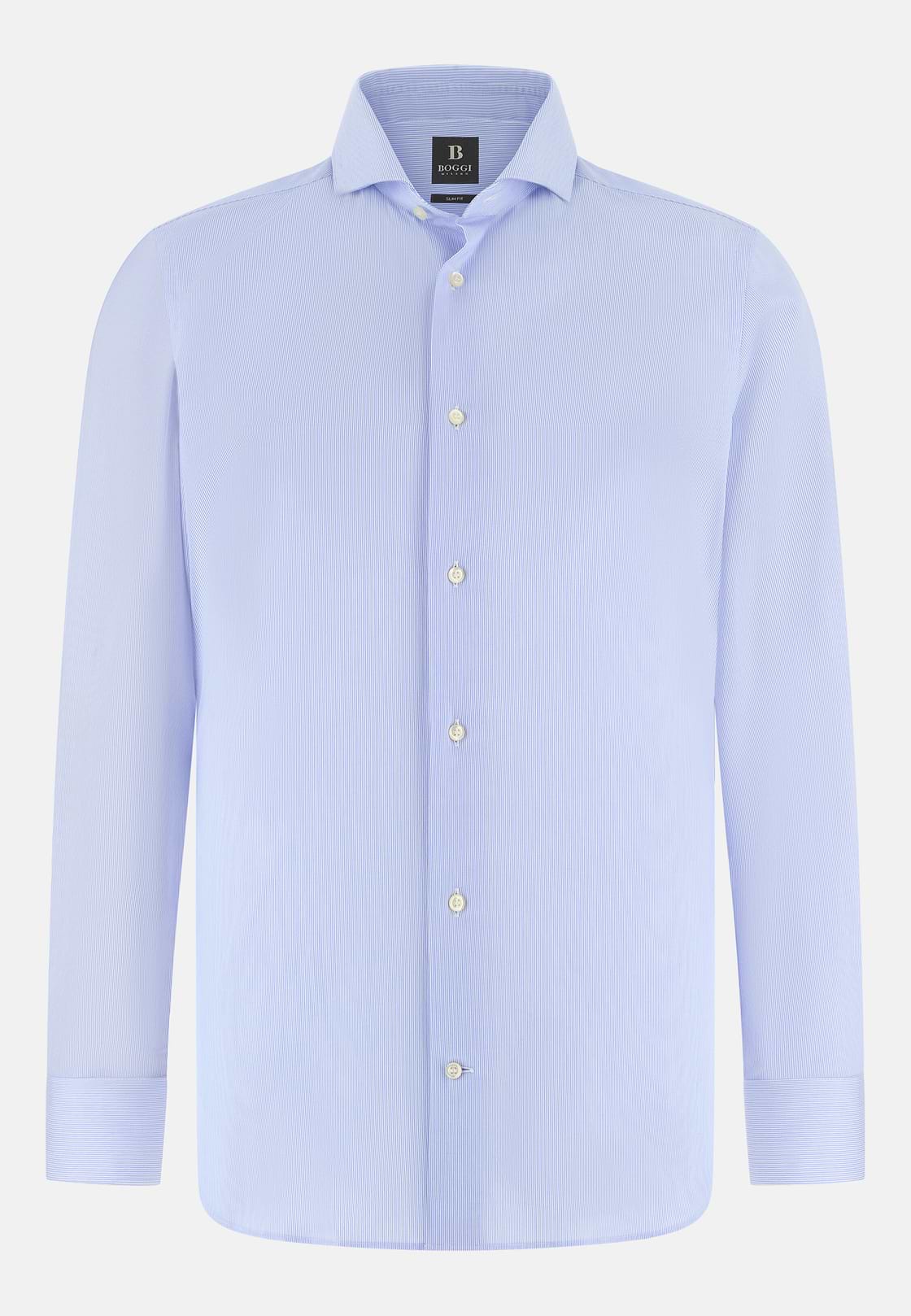 Camicia A Righe In Cotone Slim Fit, Azzurro, hi-res, 6