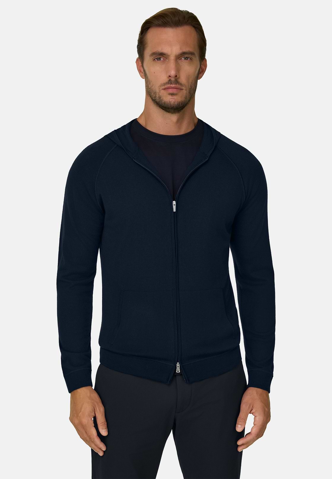 Full Zip Hooded Jumper in Superfine Merino Wool, Navy blue, hi-res, 1