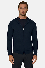 Full Zip Hooded Jumper in Superfine Merino Wool, Navy blue, thumb, 1