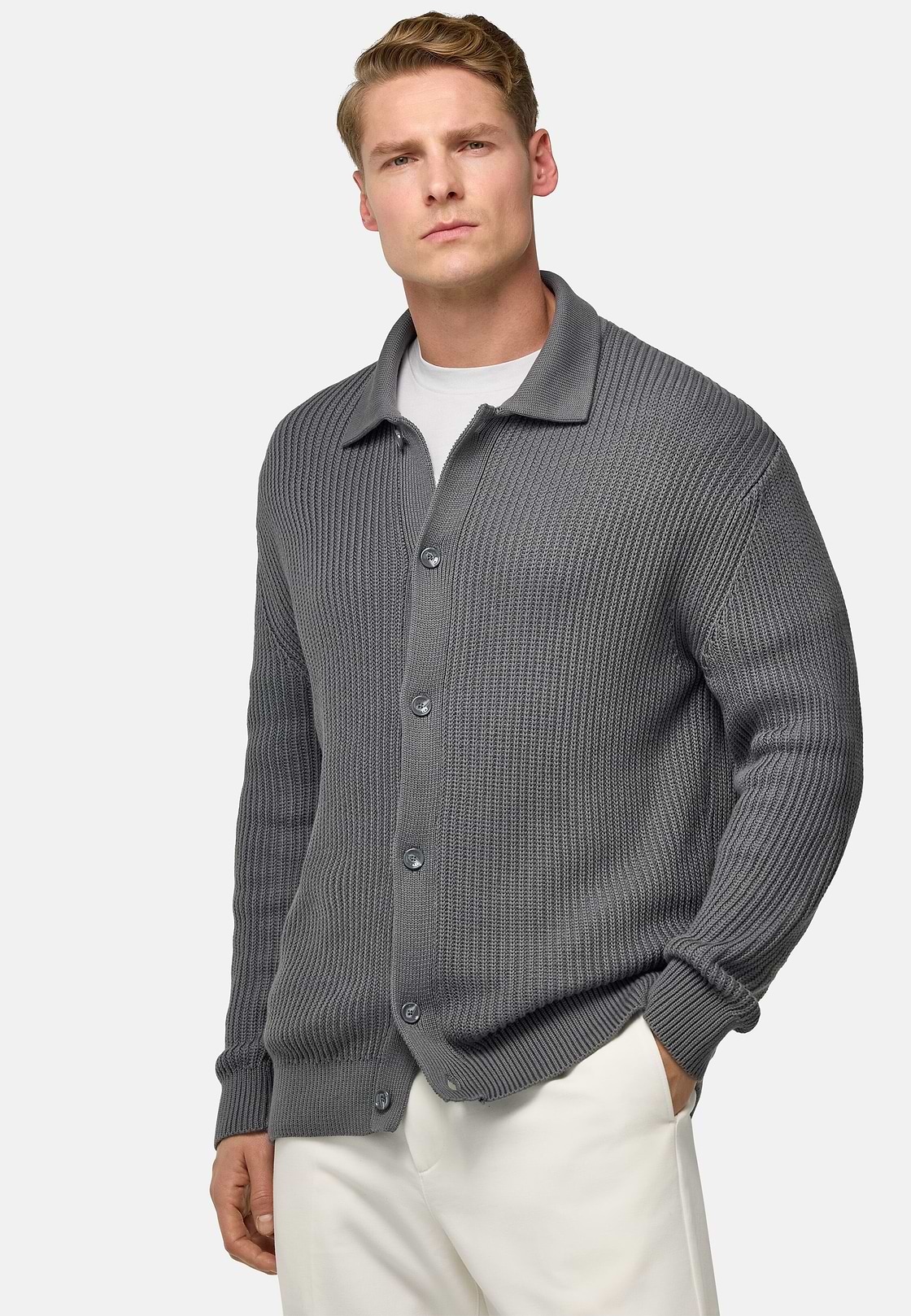 100% Organic Cotton Knitted Cardigan, Charcoal, hi-res