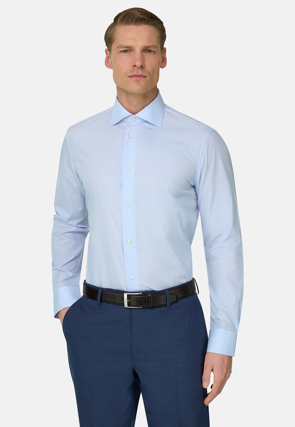 Camicia In Cotone Slim Fit, Azzurro, hi-res