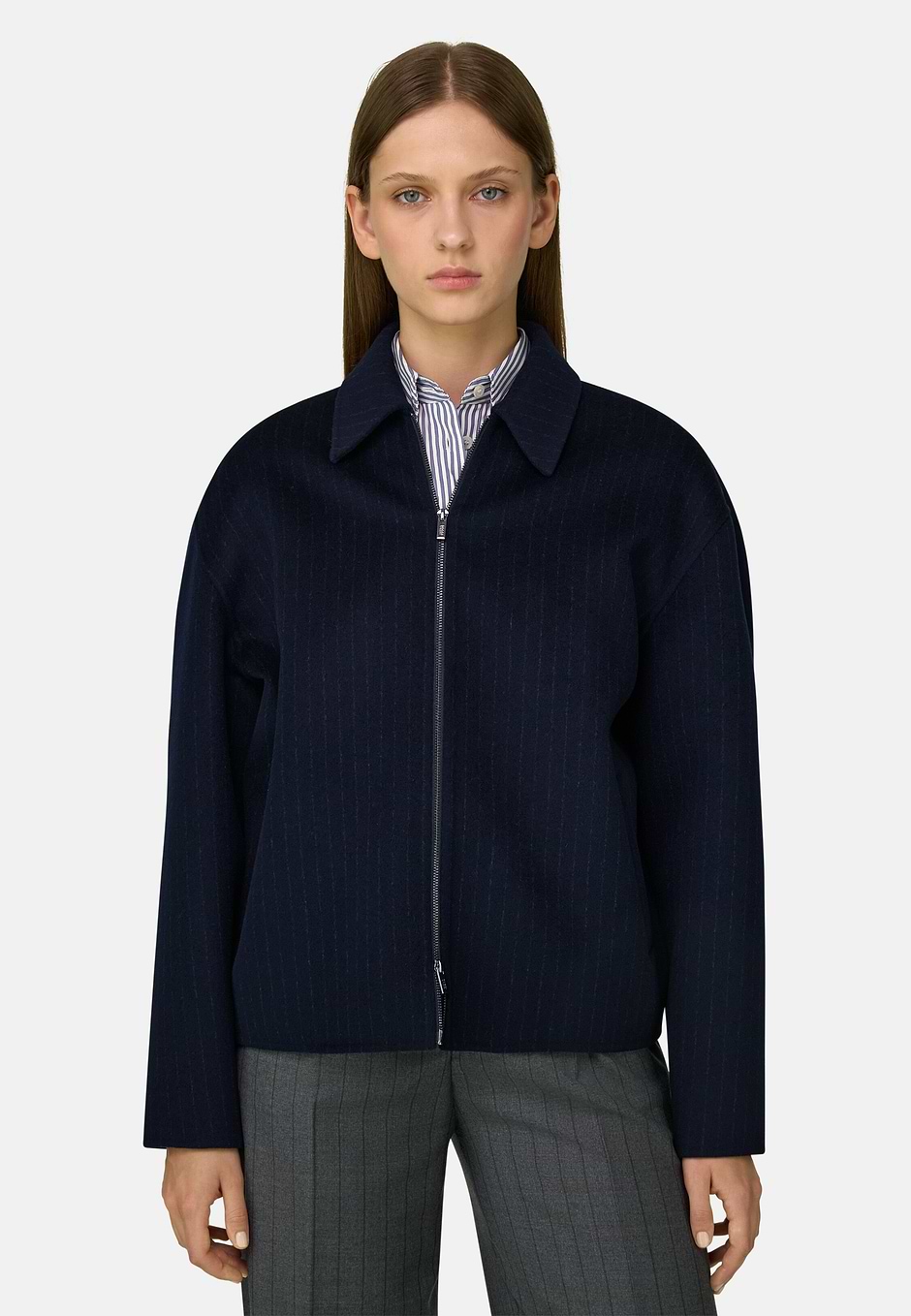 Blazer in Wool Pinstripe, Navy blue, hi-res