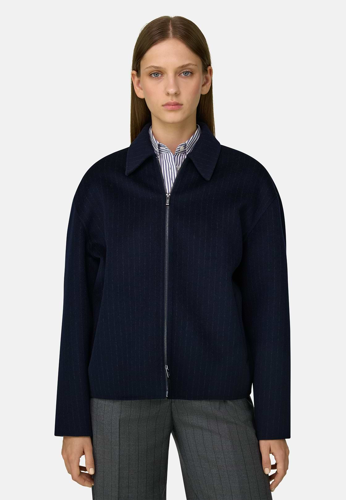 Blazer in Wool Pinstripe, Navy blue, hi-res, 1