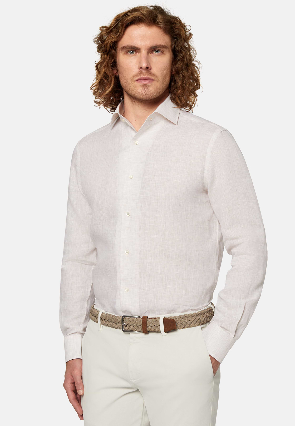 Regular Fit Beige Linen Shirt, Sand, hi-res