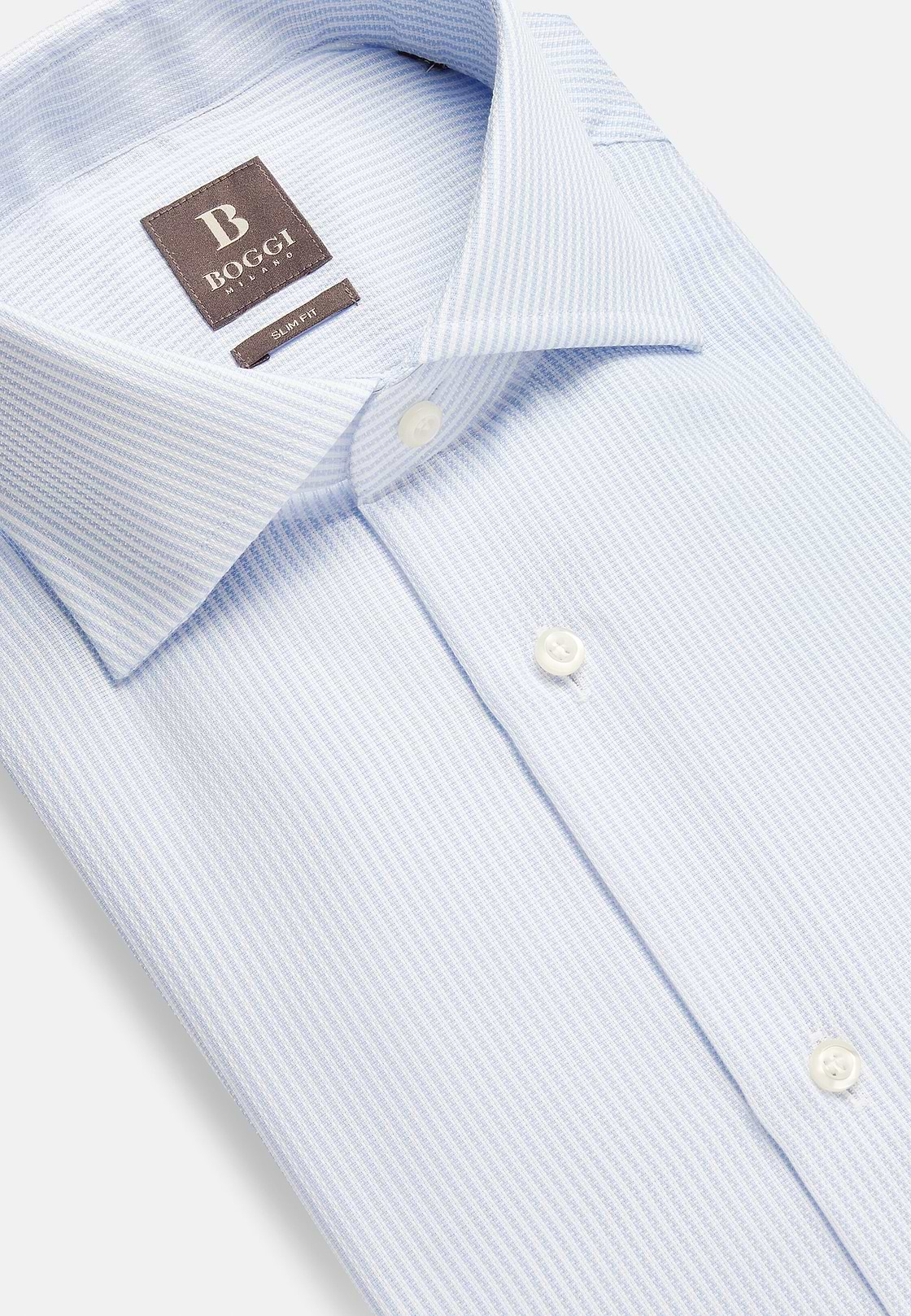 Chemise À Rayures En Coton Dobby Slim Fit, Bleu clair, hi-res