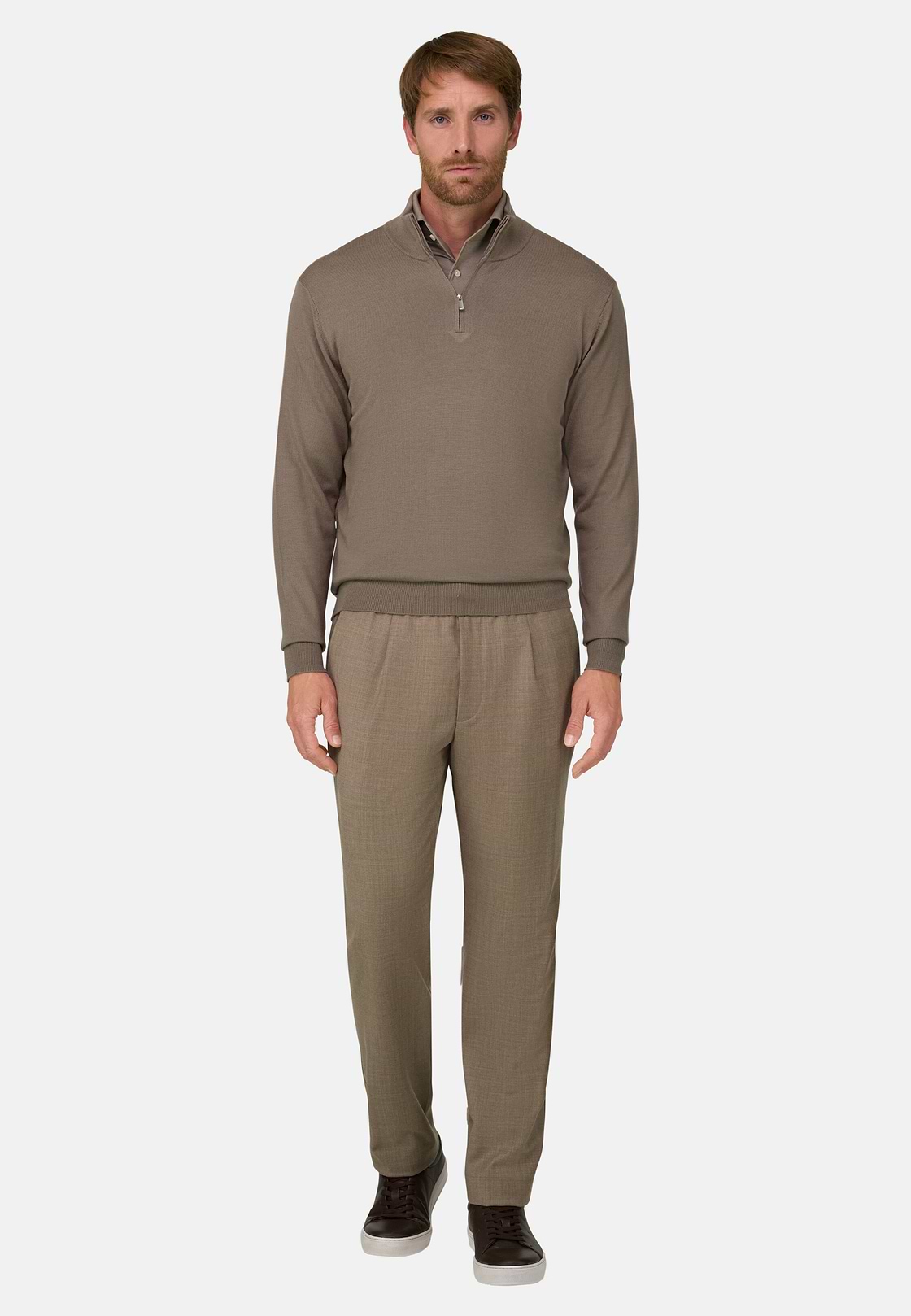 Quarter-Zip Jumper in Merino Wool, Taupe, hi-res, 2