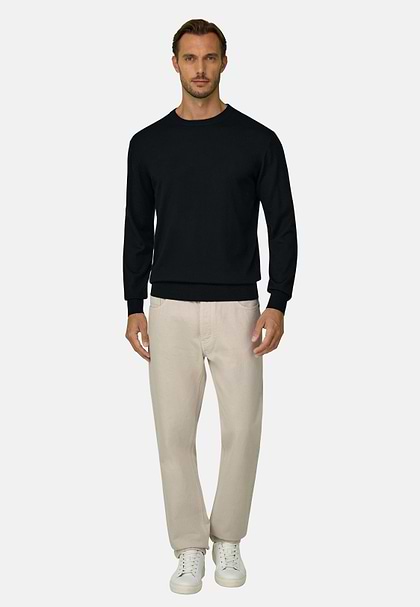 Crew Neck in Extrafine Merino Wool, Black, hi-res