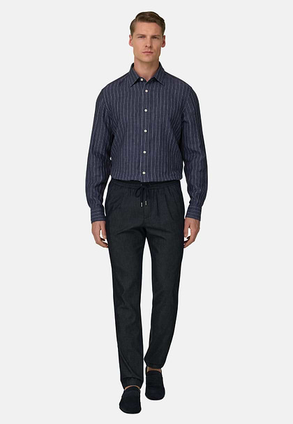 Koszula lniana, klasyczny fason, Navy blue, hi-res
