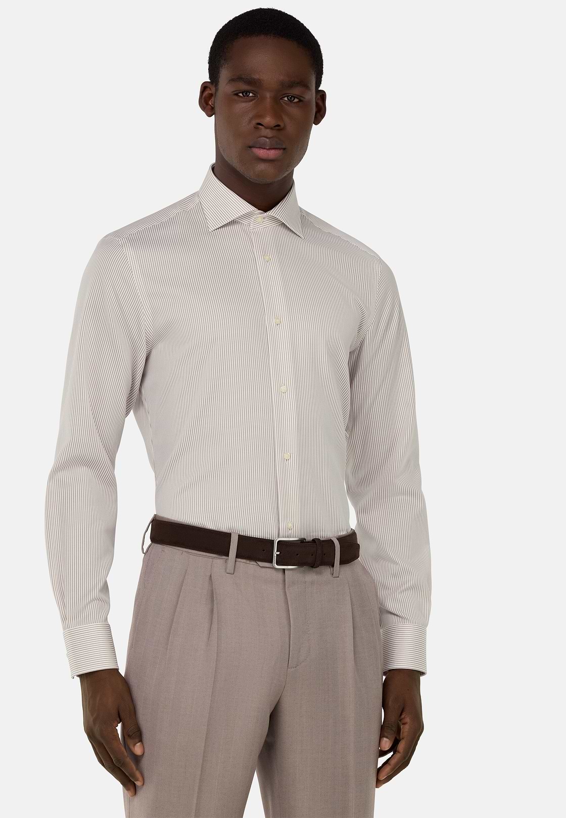 Striped Cotton Shirt Slim Fit, Taupe, hi-res