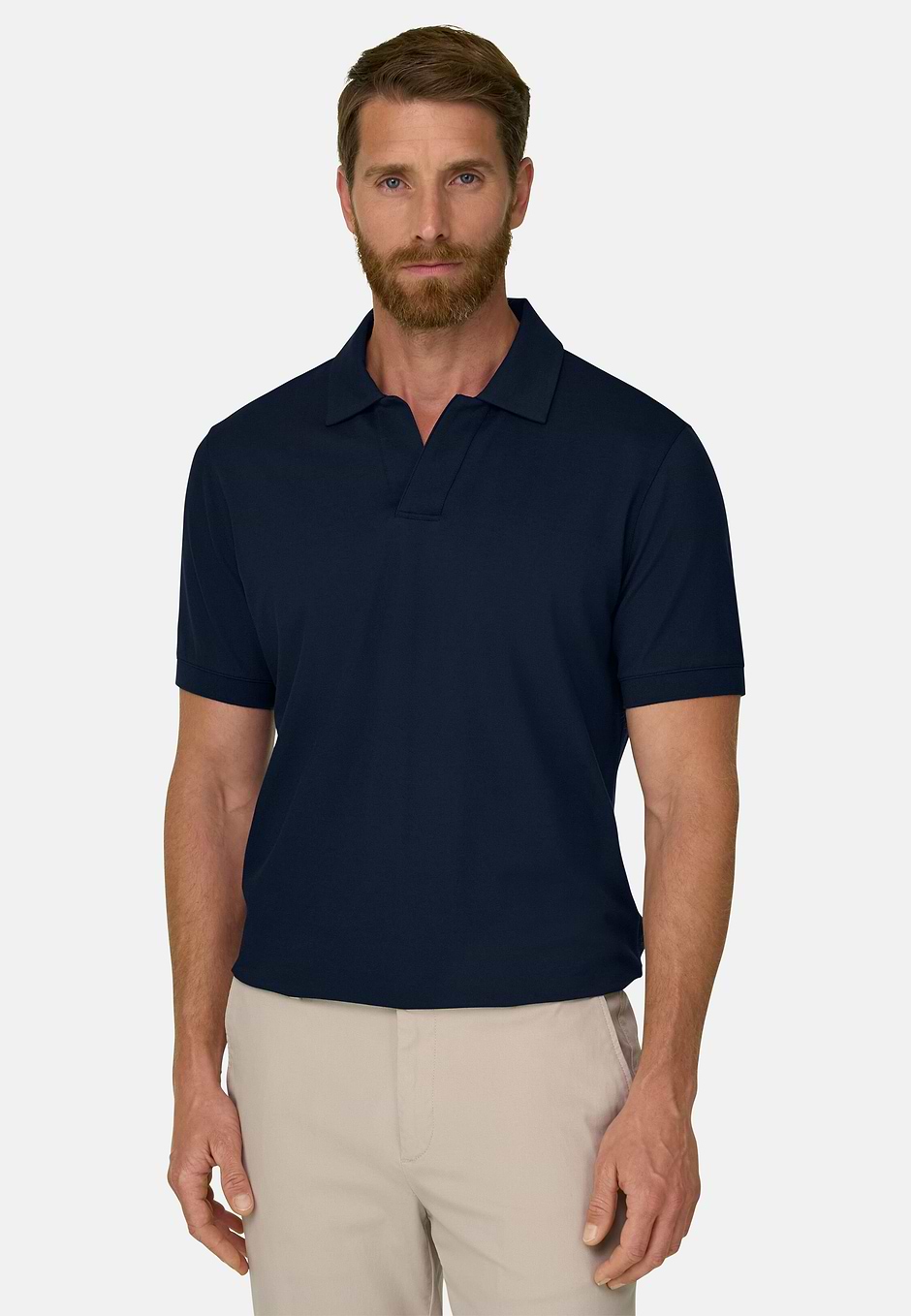 Polo in Stretch Cotton Blend Piqué Cool Jade-Fresh, Navy blue, hi-res
