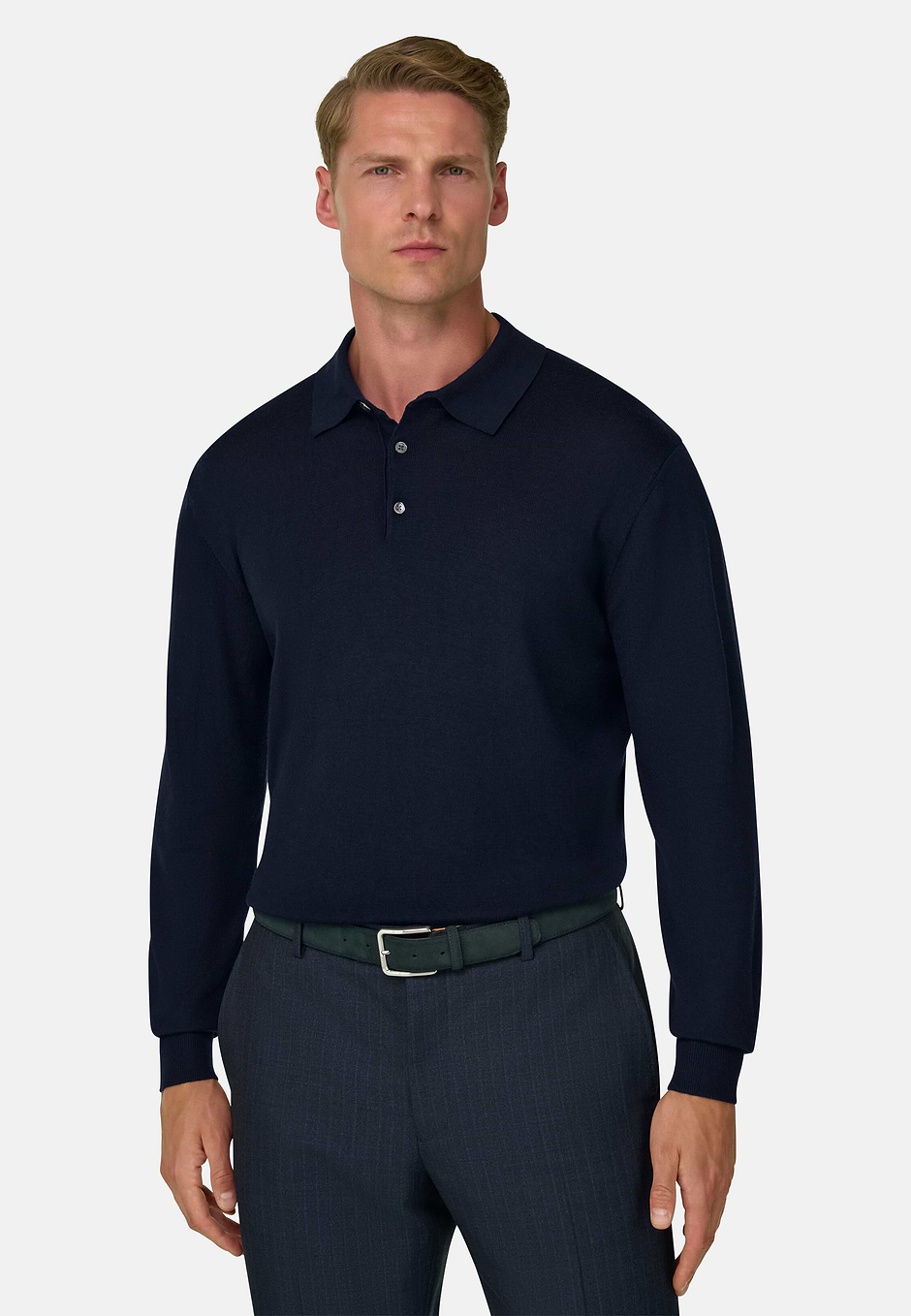 Gestricktes Polo aus Merino, Navy blau, hi-res