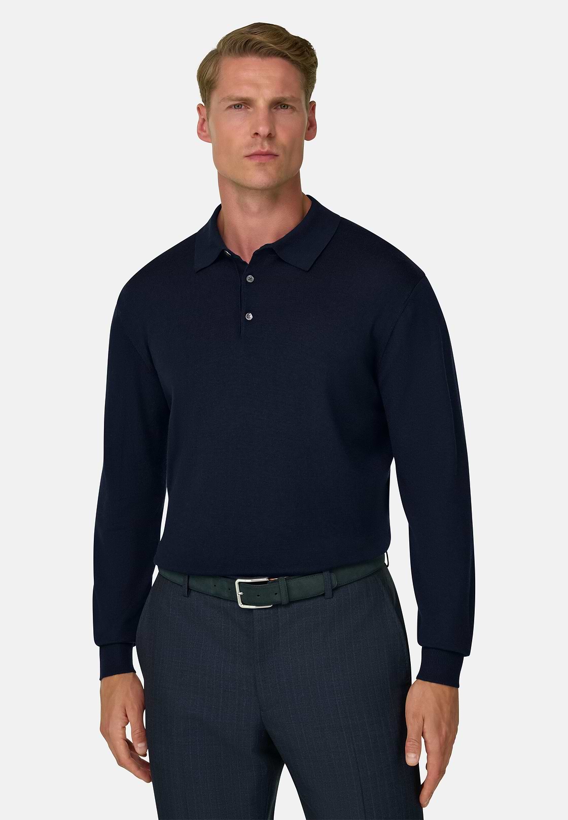 Gestricktes Polo aus Merino, Navy blau, hi-res, 1