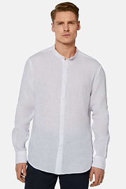 Linen Korean Collar Shirt Regular Fit, White, hi-res