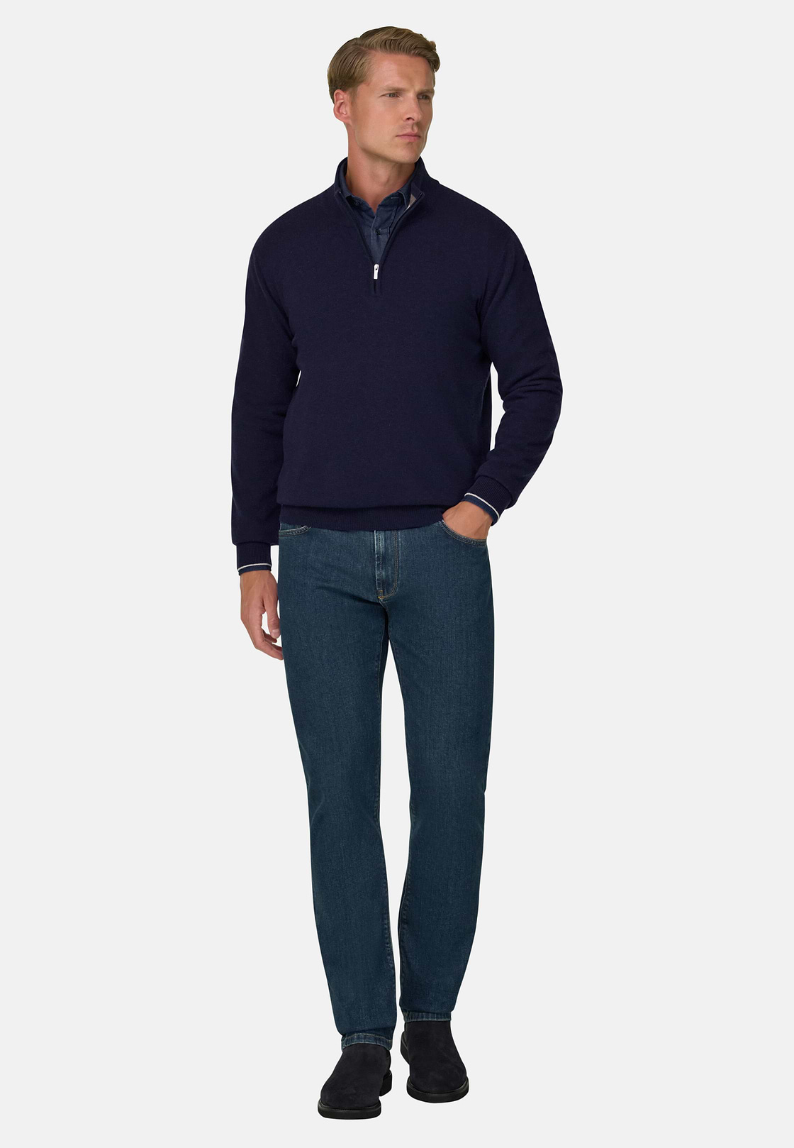Quarter-Zip Jumper in Cashmere Blend, Navy blue, hi-res, 2