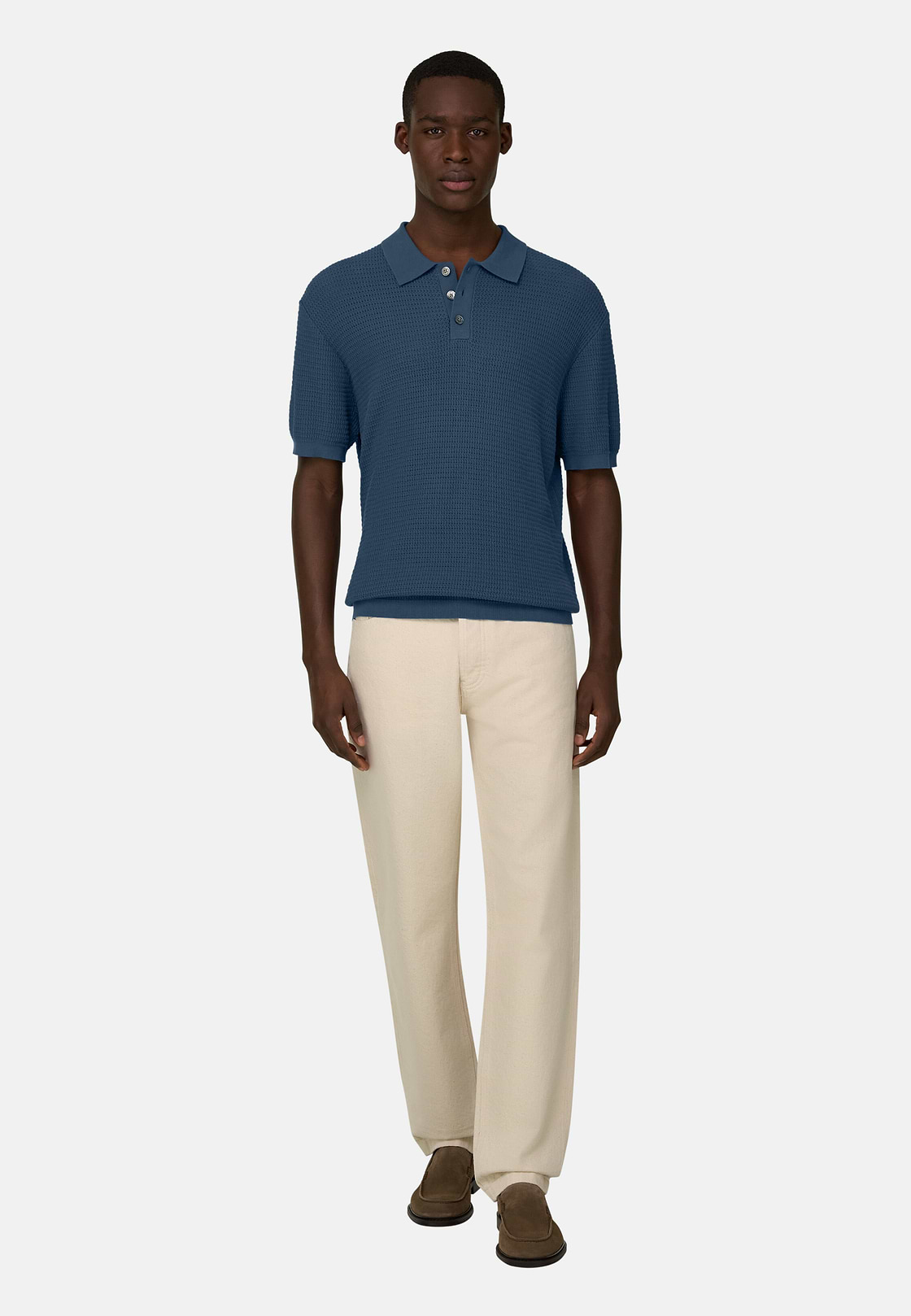 Knitted Polo Shirt in 100% Organic Cotton, Blue, hi-res, 2