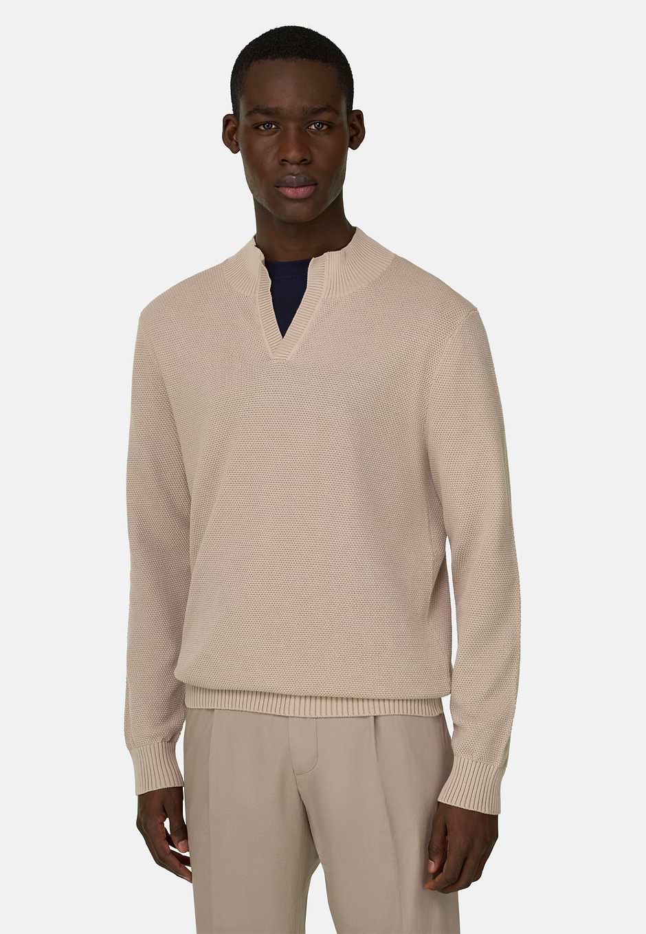 Stehkragenpullover Aus Baumwolle, Sand, hi-res