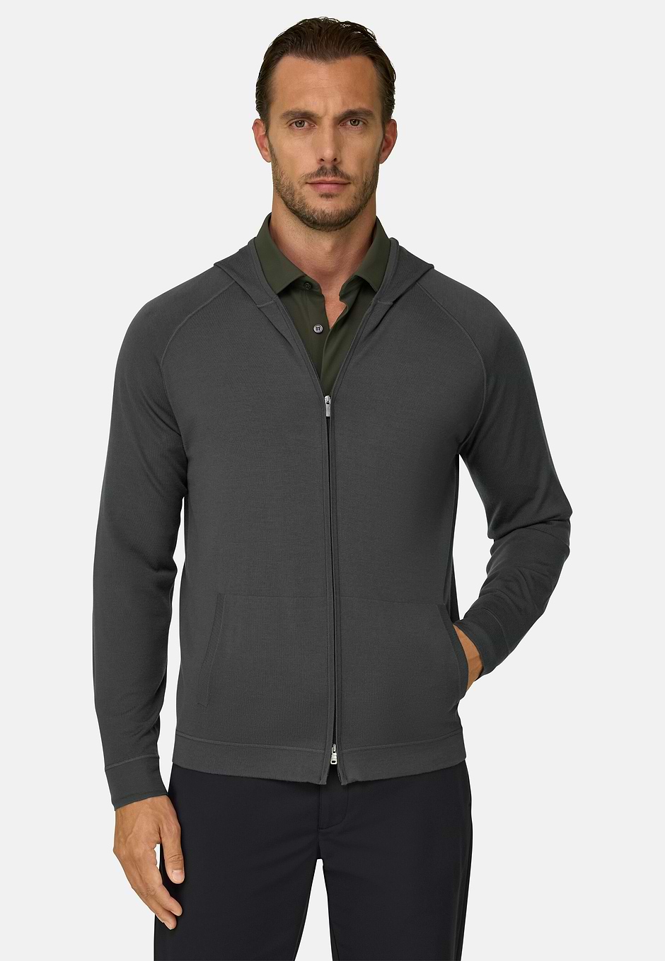 Strick-Sweatshirt mit durchgehendem Reißverschluss Kapuze Merino Superfine, Militärgrün, hi-res