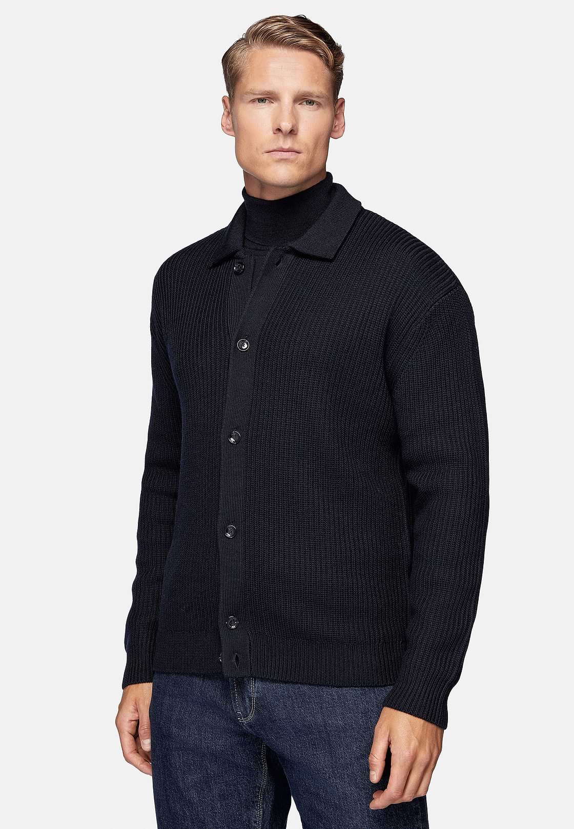 Cárdigan Azul Marino Cuello Camisero De Lana Merina, Azul  Marino, hi-res